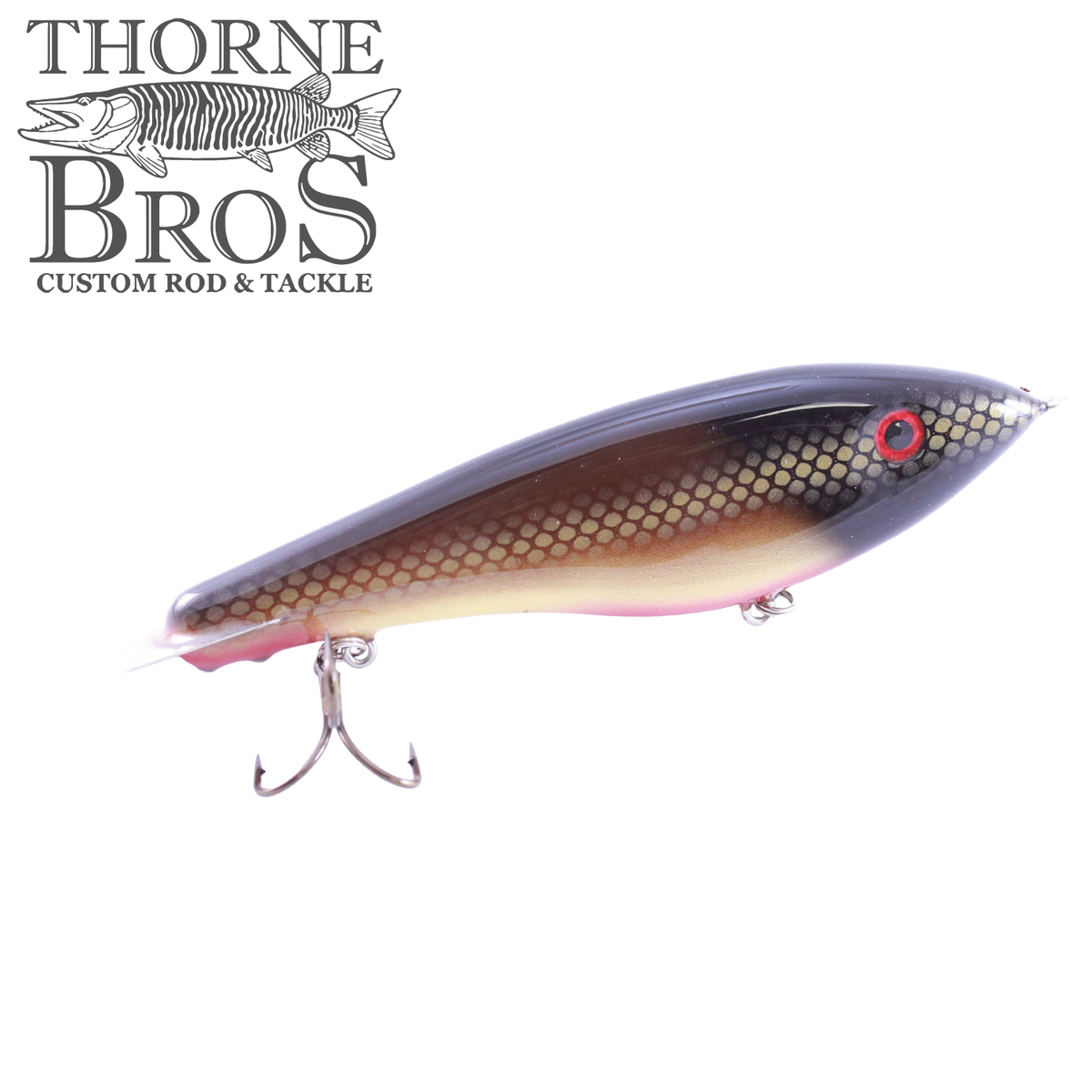 Bitten Warlock - MAG. musky fishing lure with a realistic fish pattern red eye and treble hooks shown on a white background