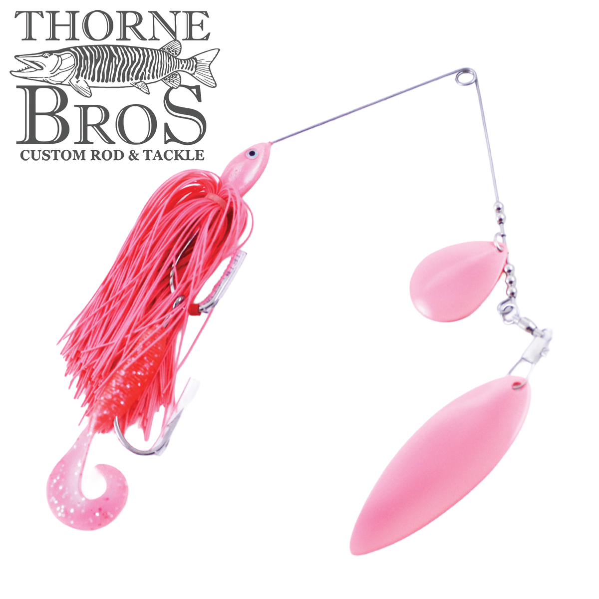 Ace Baits Small Spinnerbait pink skirted fishing lure with twin Colorado blades and soft plastic trailer for musky fishing tackle