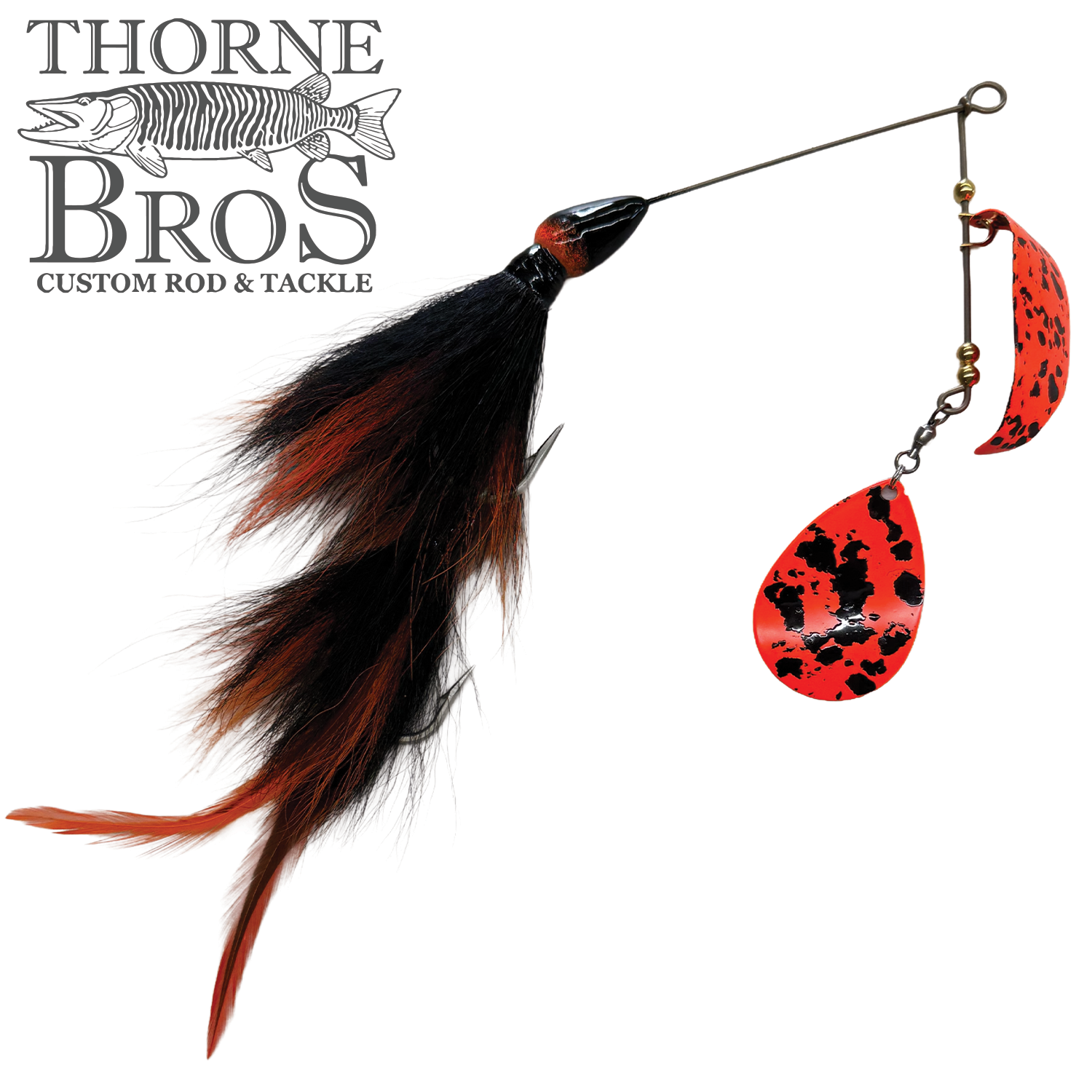 CJ'S Large Tandem Clicker fishing lure with black and red feather skirt and two bright red and black speckled spinner blades, designed for musky fishing.