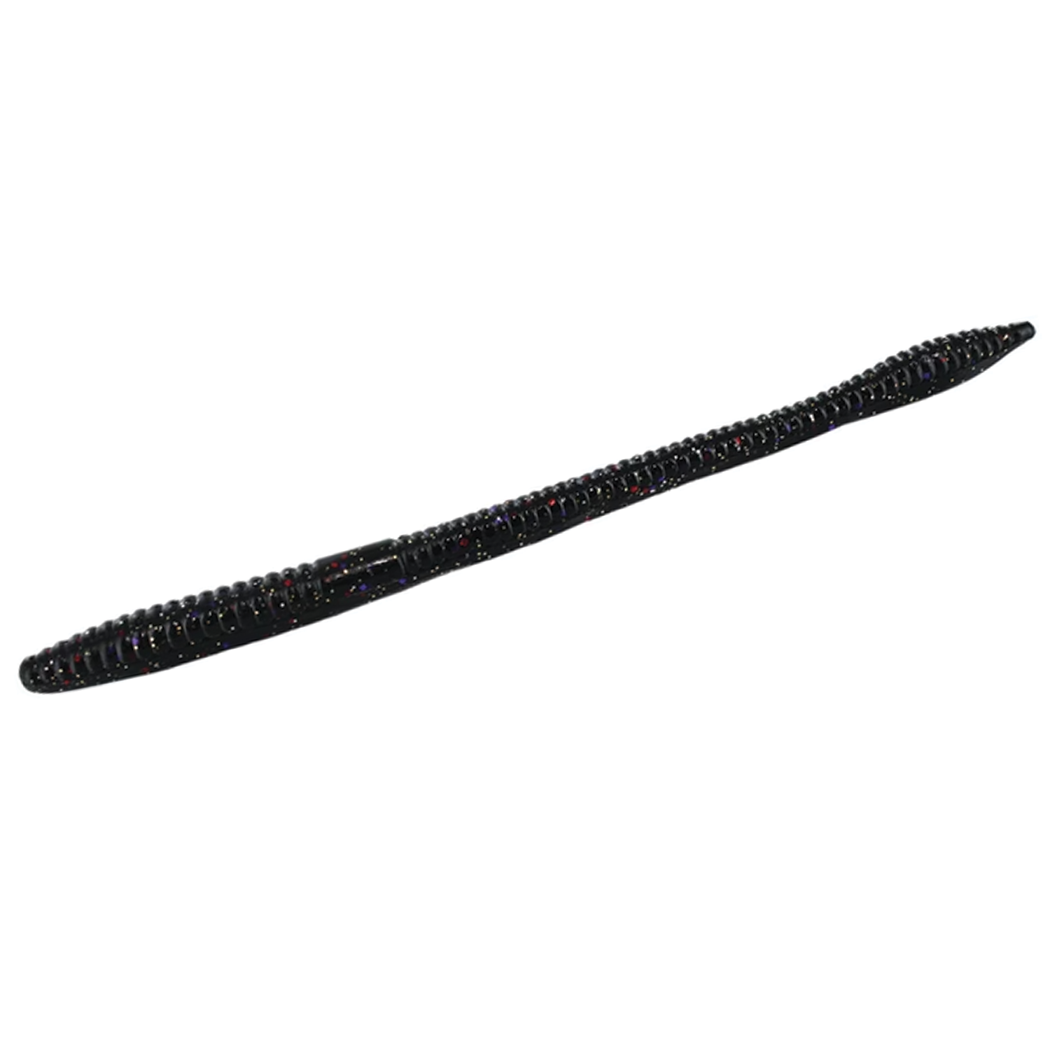 Zoom Bait Company Trick Worm fishing lure in black with subtle red and blue speckles, designed for effective fishing tackle and lure presentation.