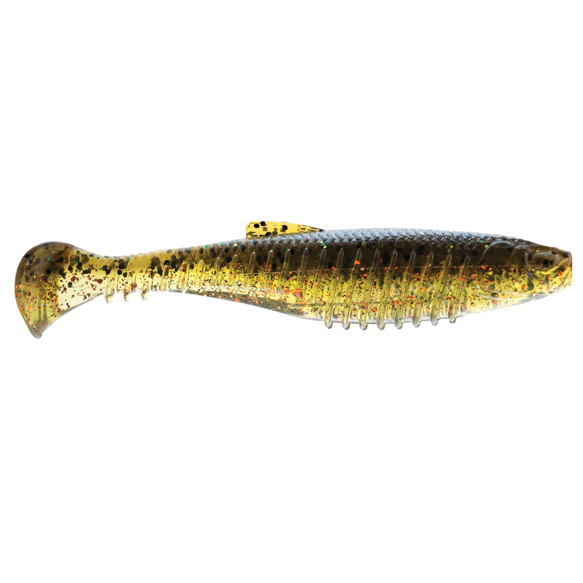 Z-Man Octane Minnowz soft plastic fishing lure in olive green with black and orange specks, designed for lifelike movement to attract fish.