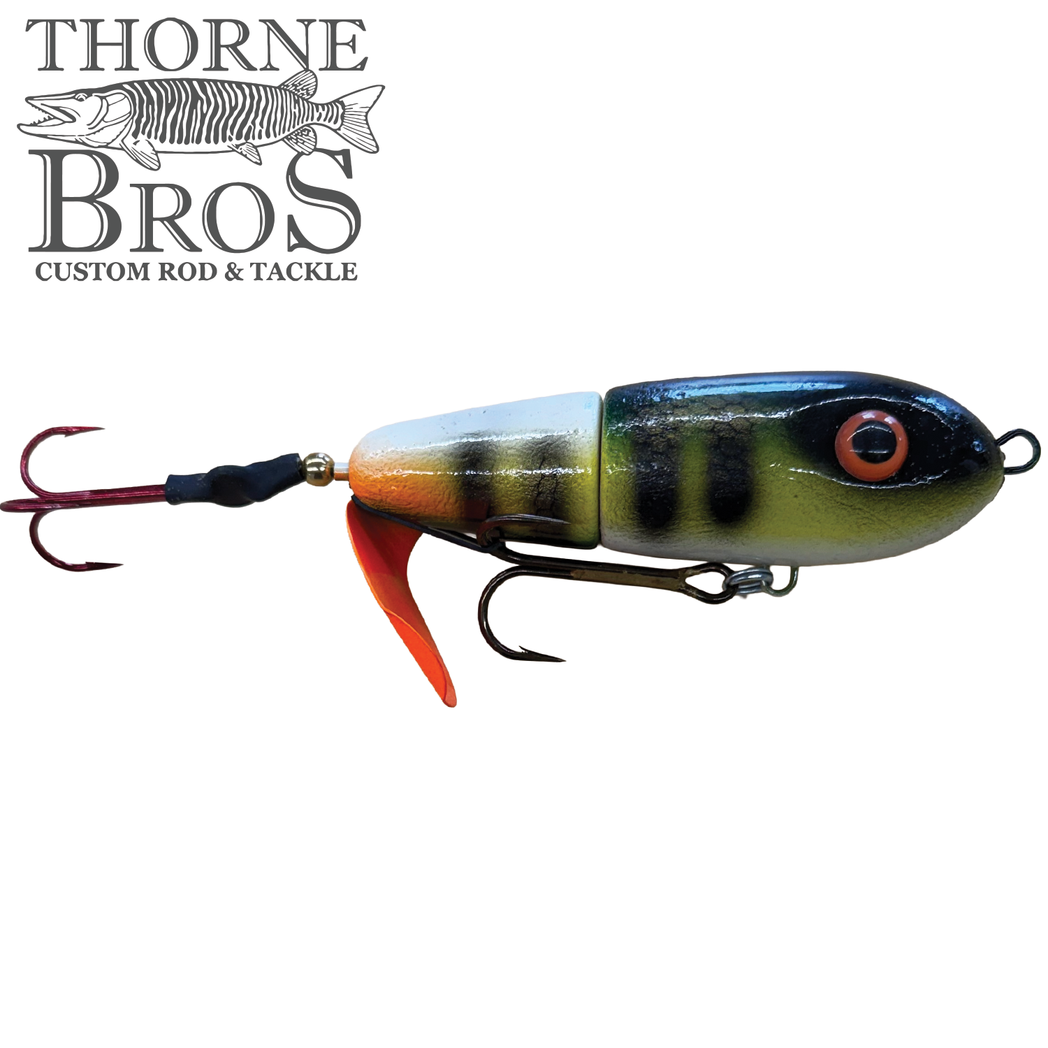 Lake-X Dr. Evil fishing lure with segmented body, realistic fish pattern in black, green, and yellow, featuring red treble hooks and a small orange propeller for musky fishing.