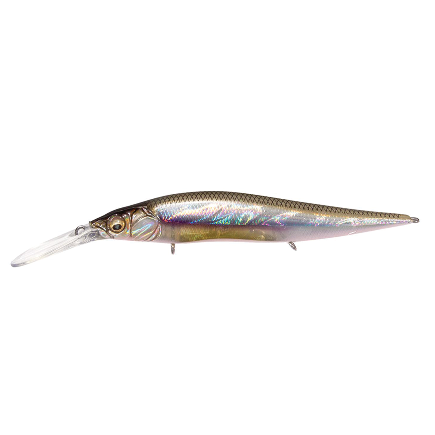Megabass Vision 110+2 Jr. fishing lure with a slender, iridescent body, realistic fish scale pattern, and a clear diving lip for enhanced underwater movement.