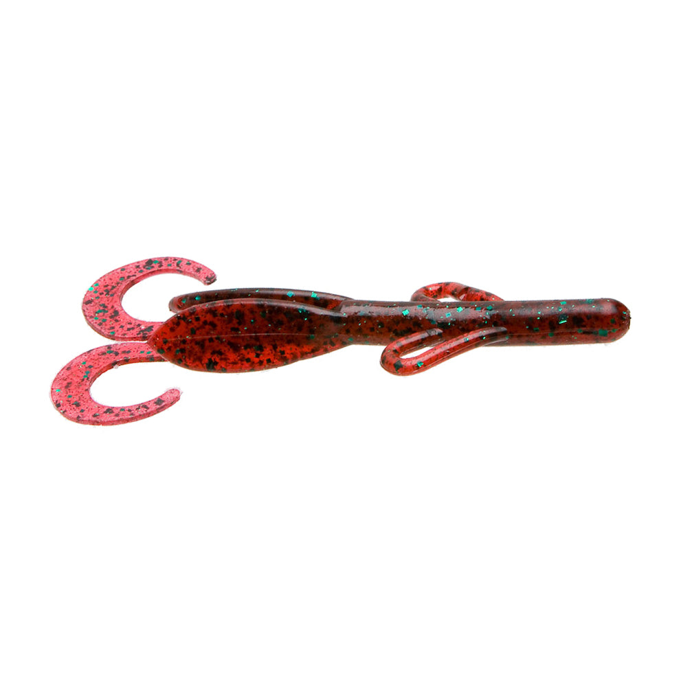 Zoom Baby Brush Hog soft fishing lure in red with black and blue speckles, featuring a segmented body and curly twin tail designed for musky and freshwater fishing tackle.
