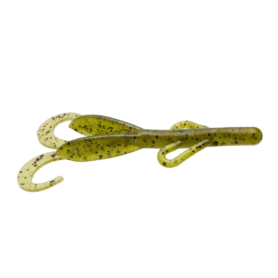 Zoom Baby Brush Hog soft plastic fishing lure in greenish-yellow with black and red speckles, featuring curly tails designed for musky and freshwater fishing tackle.