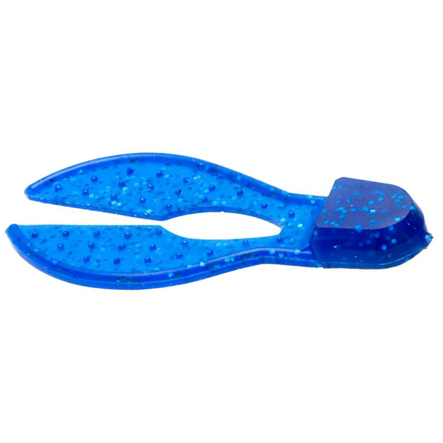 Blue soft plastic fishing lure with two claw-like appendages and embedded darker blue flecks, identified as Zoom Super Chunk for fishing tackle use.