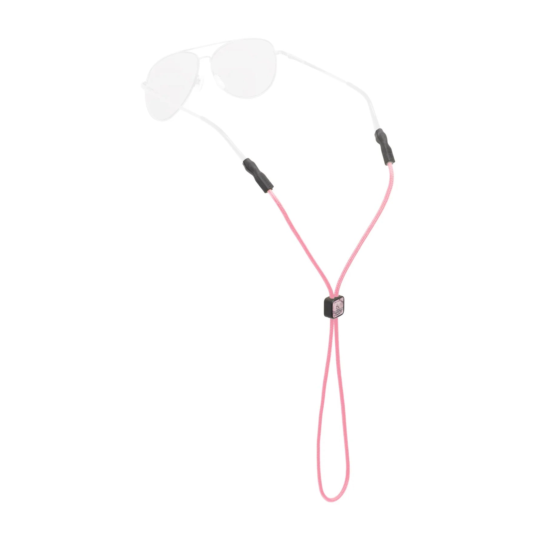 Chums Universal Fit 3mm Sunglasses Retainer in pink with adjustable black plastic locks designed to secure sunglasses around the neck for fishing and outdoor activities.