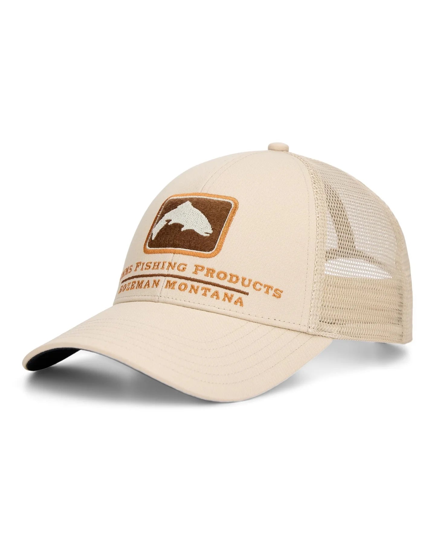 Simms Trout Icon Trucker Hat in beige with mesh back and curved brim featuring embroidered fish logo and text promoting fishing products.