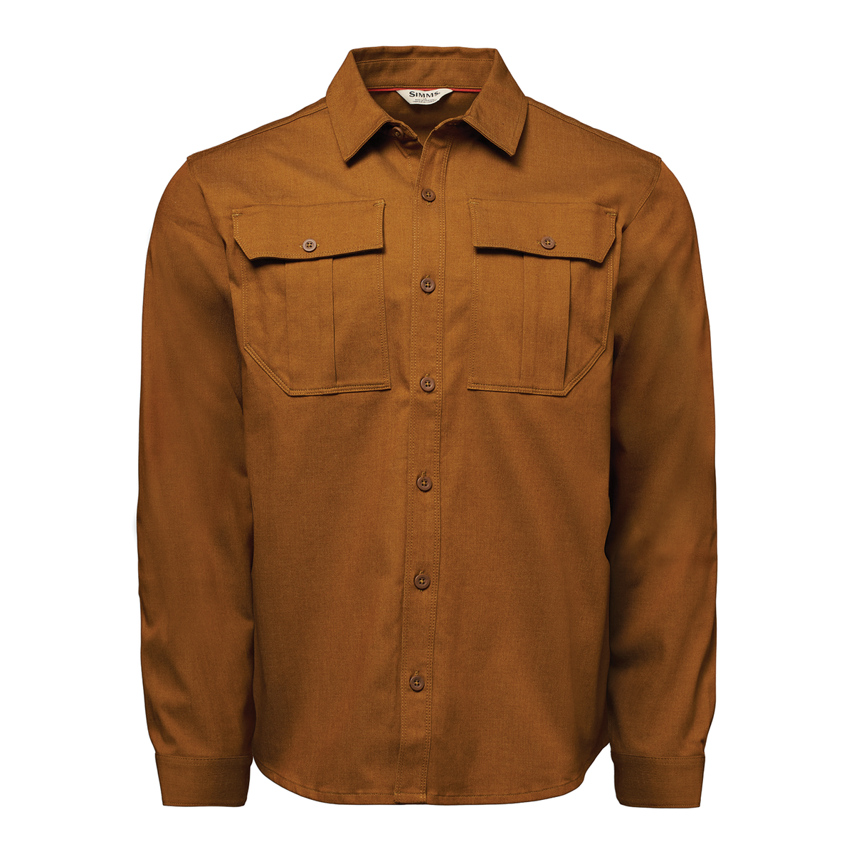 Simms Harbor Work Shirt - Men's in brown with long sleeves button front closure and two flap chest pockets shown against a white background