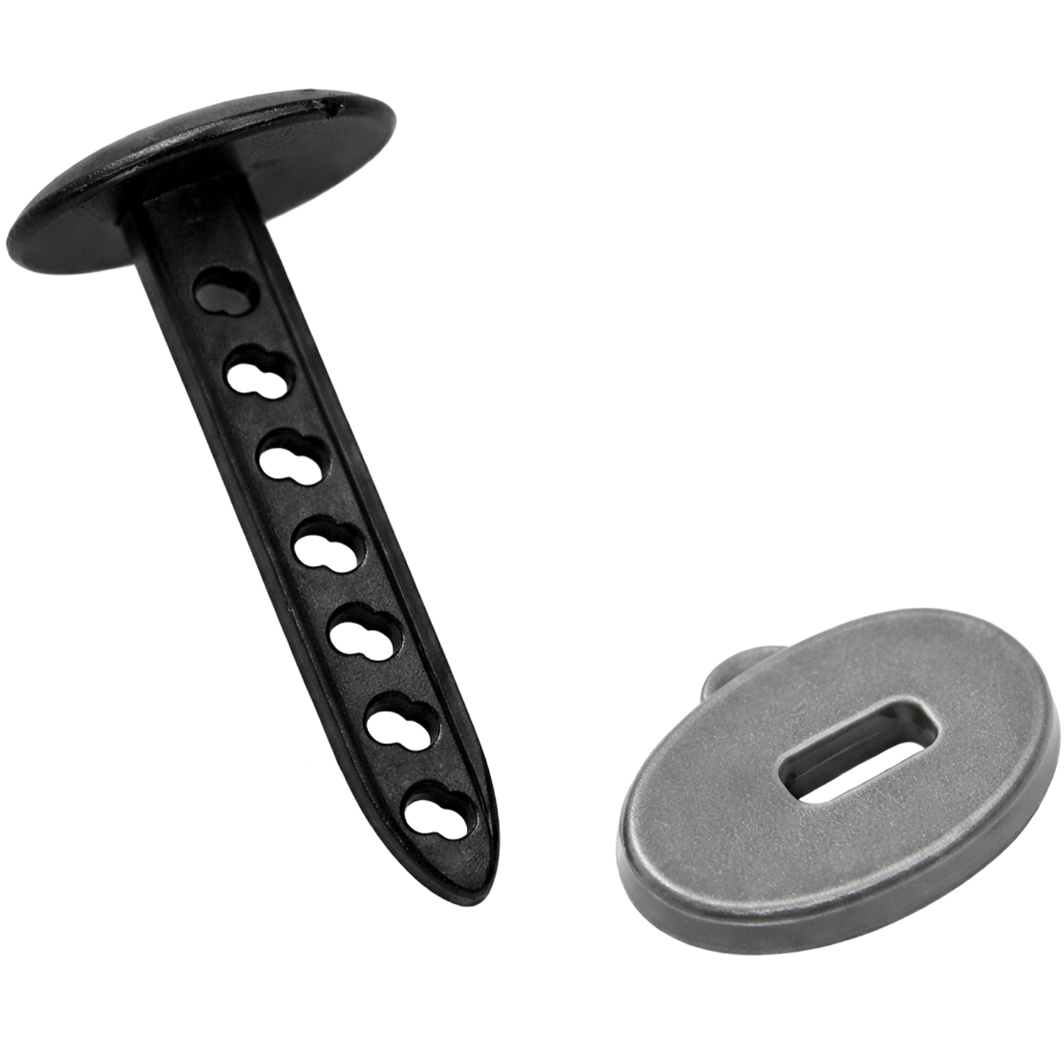 Two-piece set of Super Baitlock Weights featuring a black perforated plastic locking pin and an oval, metallic gray weight designed for secure fishing tackle attachment.