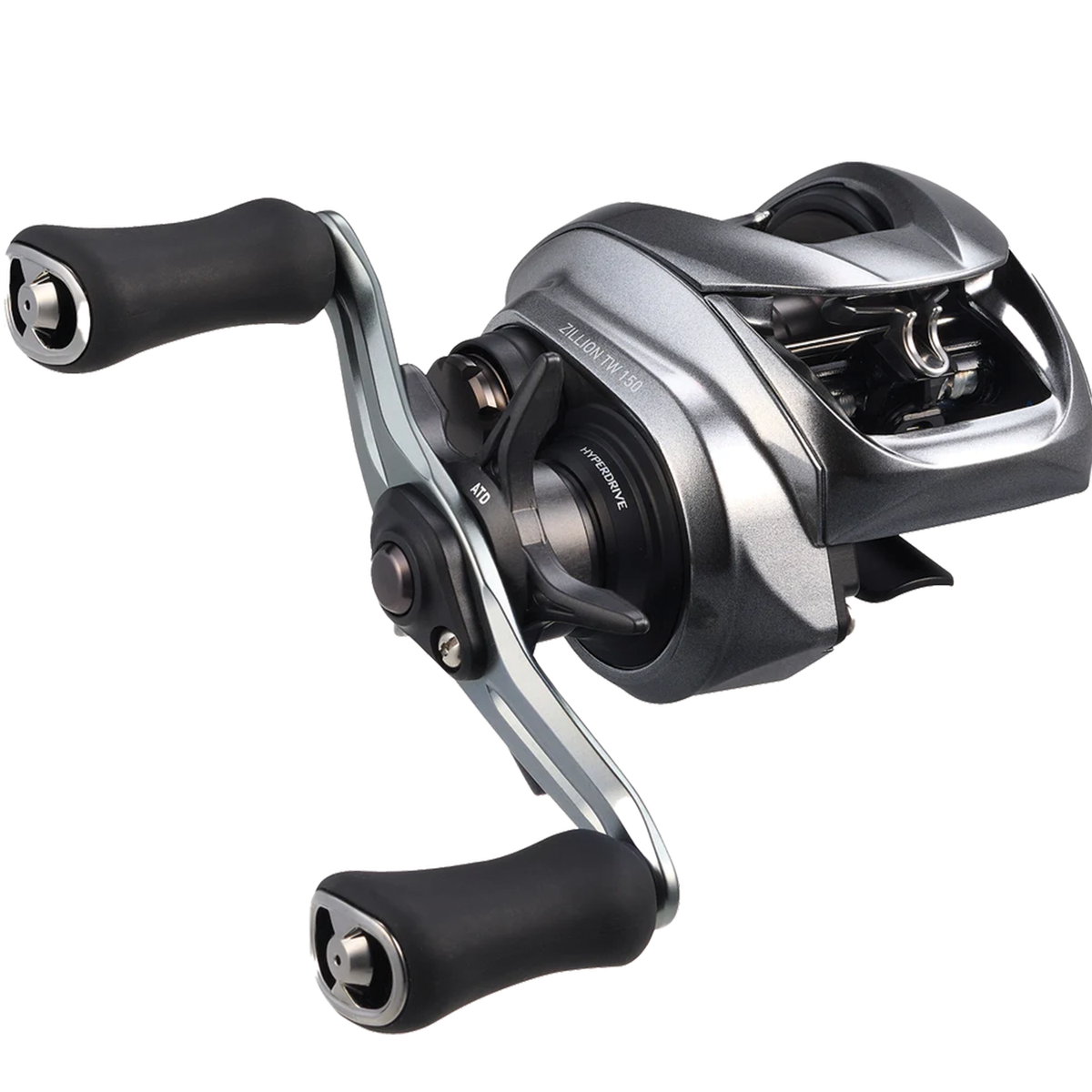Daiwa Zillion TW 150 low-profile baitcasting fishing reel with ergonomic dual handles and a sleek metallic gray finish designed for smooth performance.
