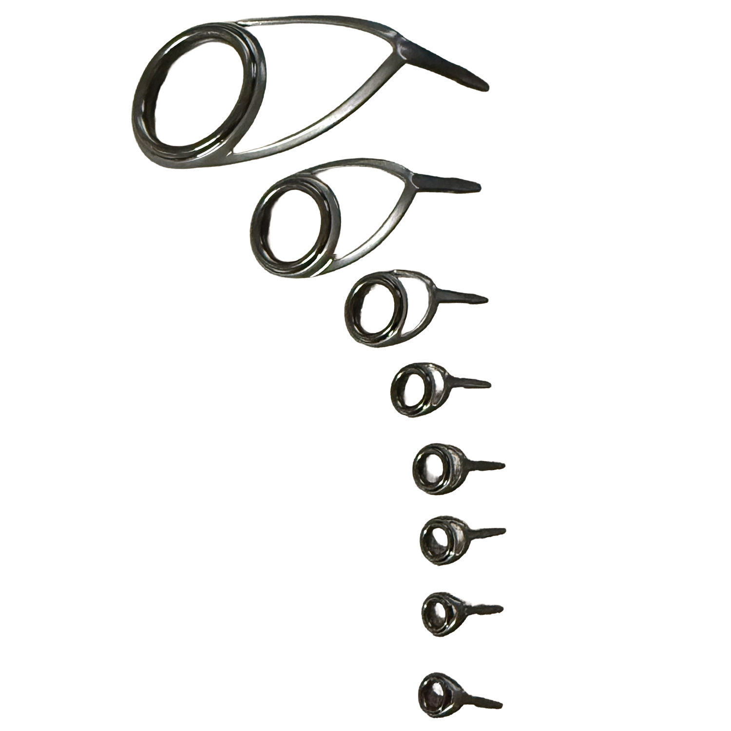 Set of Spinning Rod Guide Sets in various sizes, featuring polished metal frames with ceramic inserts designed for smooth line flow and durability in fishing rods.