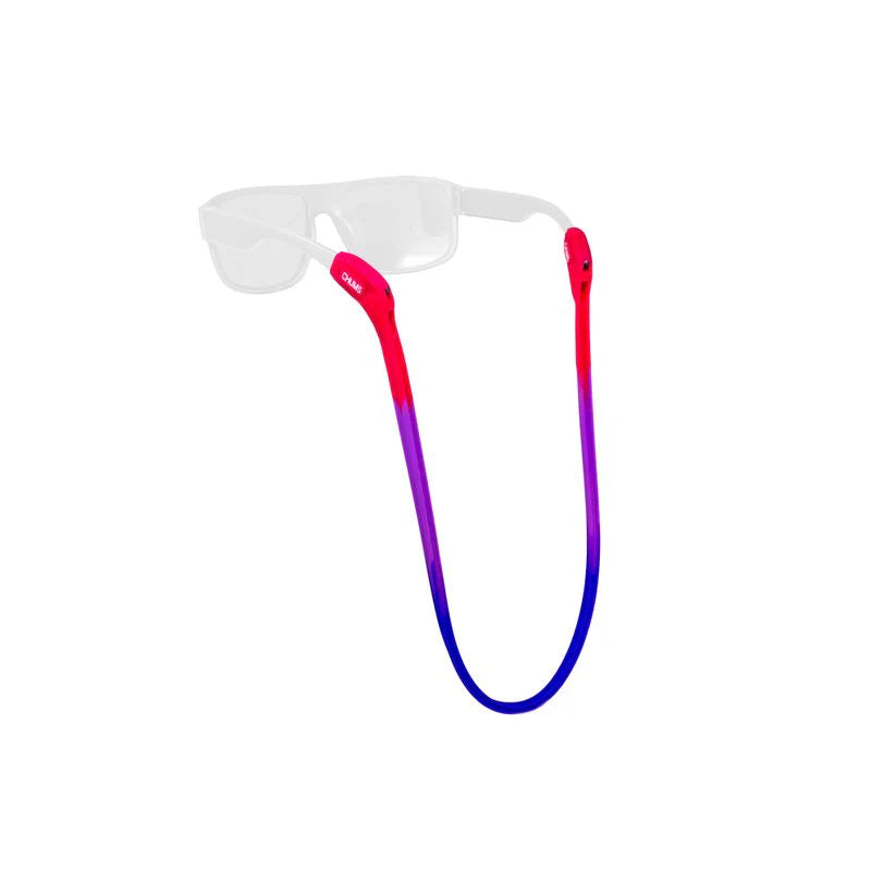 Chums Switchback Sunglasses Retainer in a gradient pink to plum color, designed to securely hold sunglasses around the neck during fishing and outdoor activities.