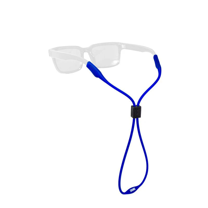 Chums SLIM Sunglasses Retainer in cobalt blue, designed to securely hold sunglasses with adjustable slider and comfortable, lightweight cord ideal for outdoor fishing activities.