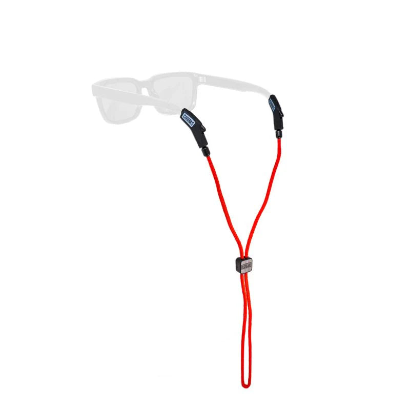 Chums Ripcord 3mm Sunglasses Retainer in red, featuring adjustable cord with secure attachments designed to keep sunglasses safely around the neck during fishing or outdoor activities.