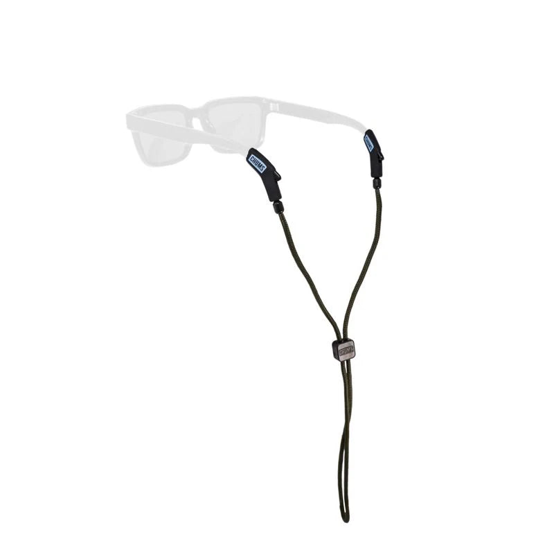 Chums Ripcord 3mm Sunglasses Retainer in olive green, designed to securely hold sunglasses with adjustable cord and durable connectors for fishing and outdoor activities.