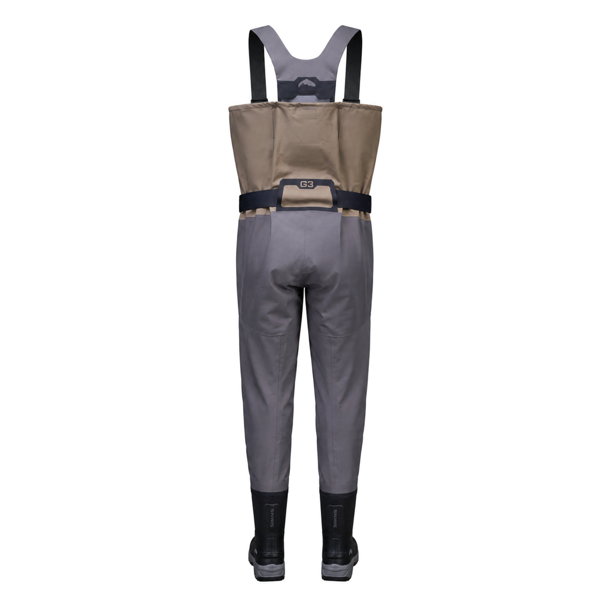 Simms G3Z Pro Bootfoot (Rubber) Waders - Men's, gray and brown chest waders with suspenders, belt, and integrated black rubber boots