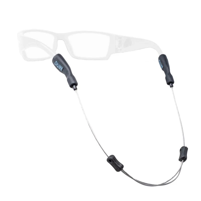 Chums Tideline Adjustable Sunglasses Retainer shown attached to eyeglass arms, featuring black adjustable ends and a durable wire cable designed to secure sunglasses during outdoor fishing activities.