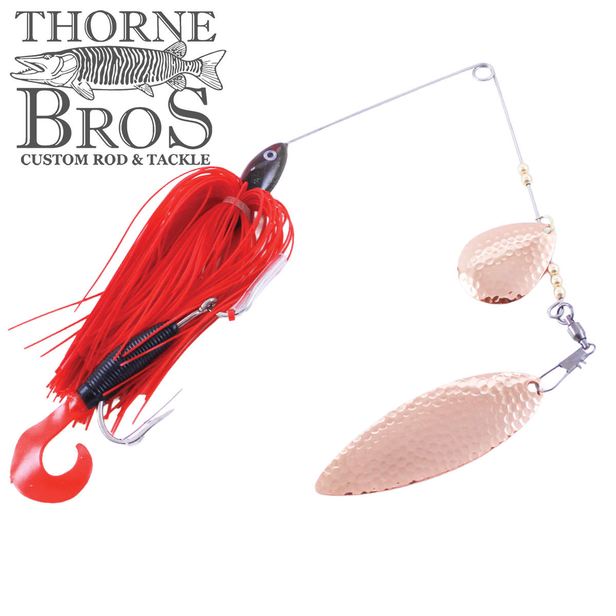 Ace Baits Big Ace Spinnerbait featuring a red silicone skirt black lure body copper Colorado blades and a trailing hook for musky fishing tackle