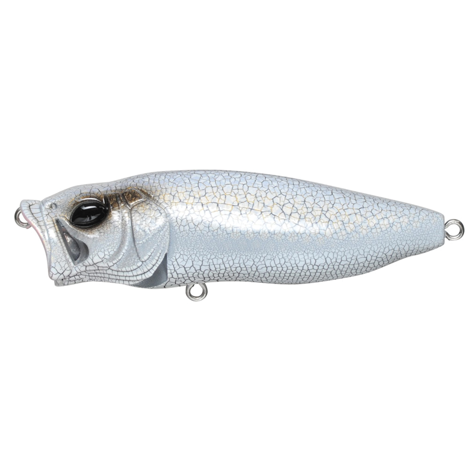 Megabass PopMax fishing lure with a cracked pearl white finish, designed for surface fishing with a detailed fish head and three attachment points for fishing tackle.