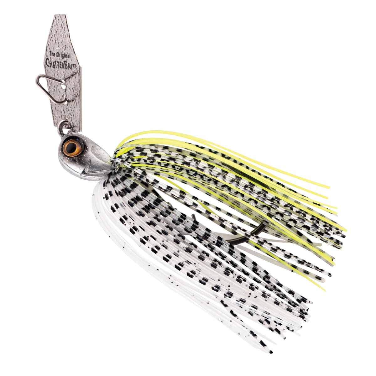 Z-Man Chatterbait Elite Evo HD fishing lure with a silver blade, detailed fish eye, and skirt strands in white, black, and yellow designed for attracting bass.