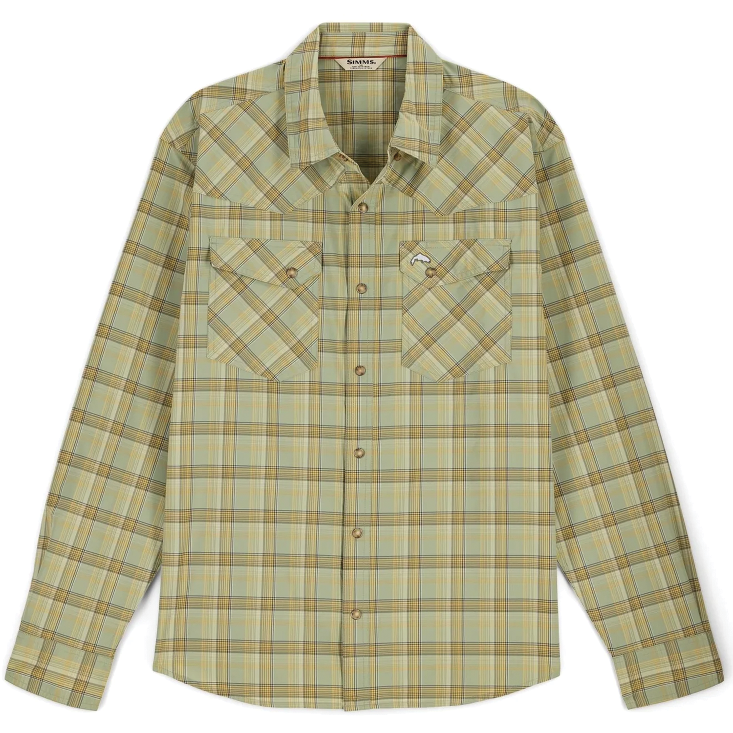 Simms Brackett LS Shirt - Men's features a long-sleeve plaid design in muted green and beige tones, two chest pockets with button closures, suitable for fishing and outdoor activities.
