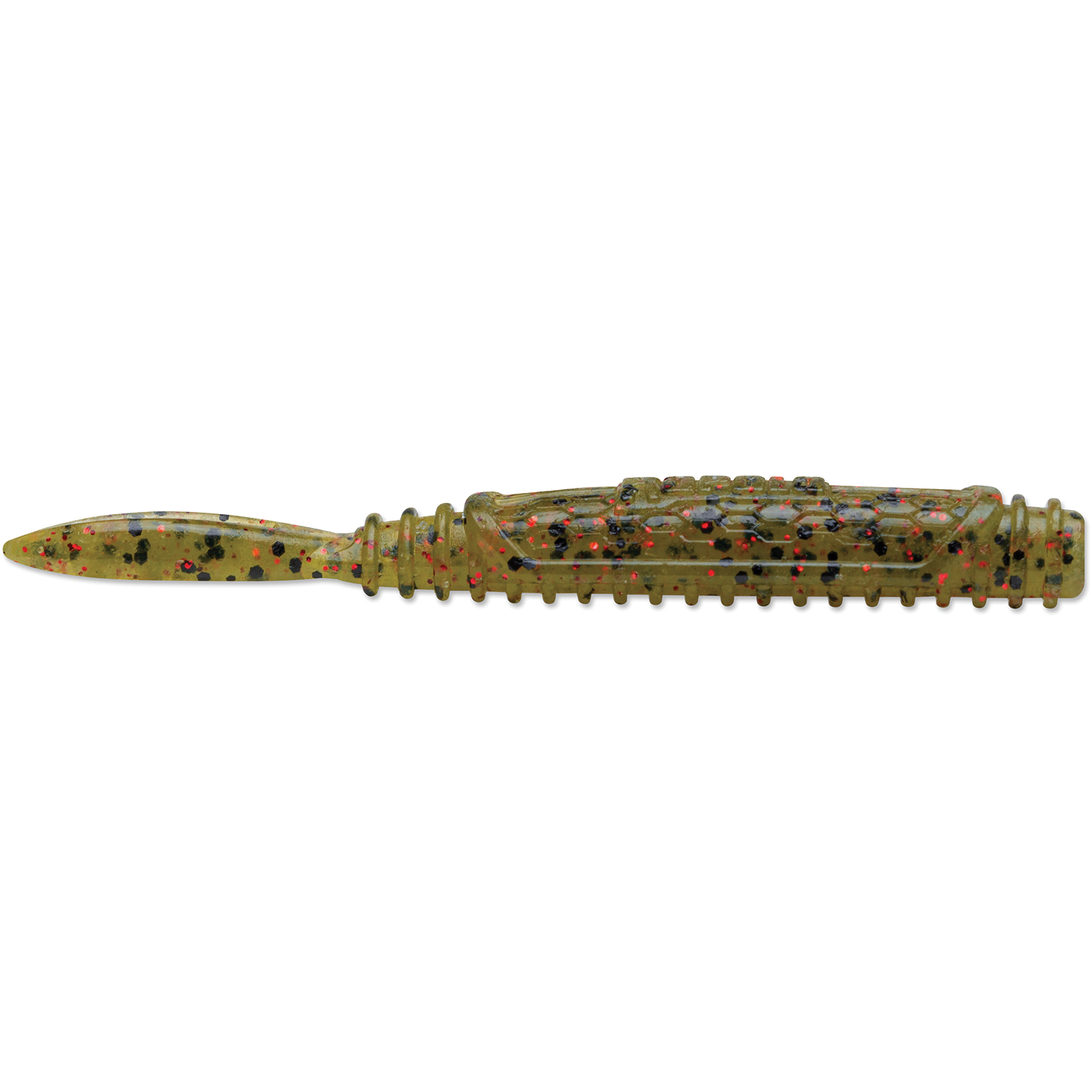 Rapala CrushCity Salted Ned Roll fishing lure in translucent green with black and red flecks, designed with ribbed body and paddle tail for lifelike movement.