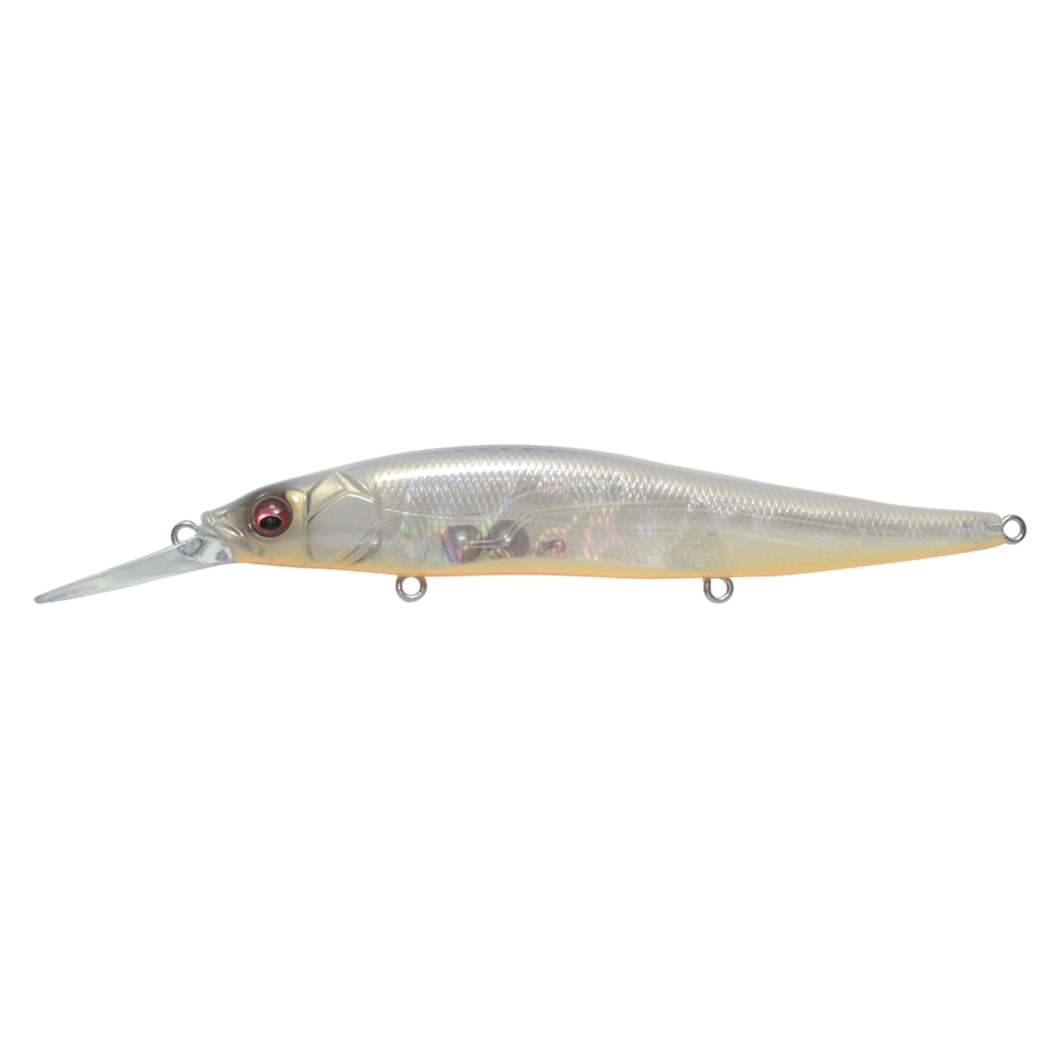 Megabass Vision 110+1 fishing lure with a translucent, pearl-like body, realistic red eyes, and a long diving lip designed for effective fishing tackle use.