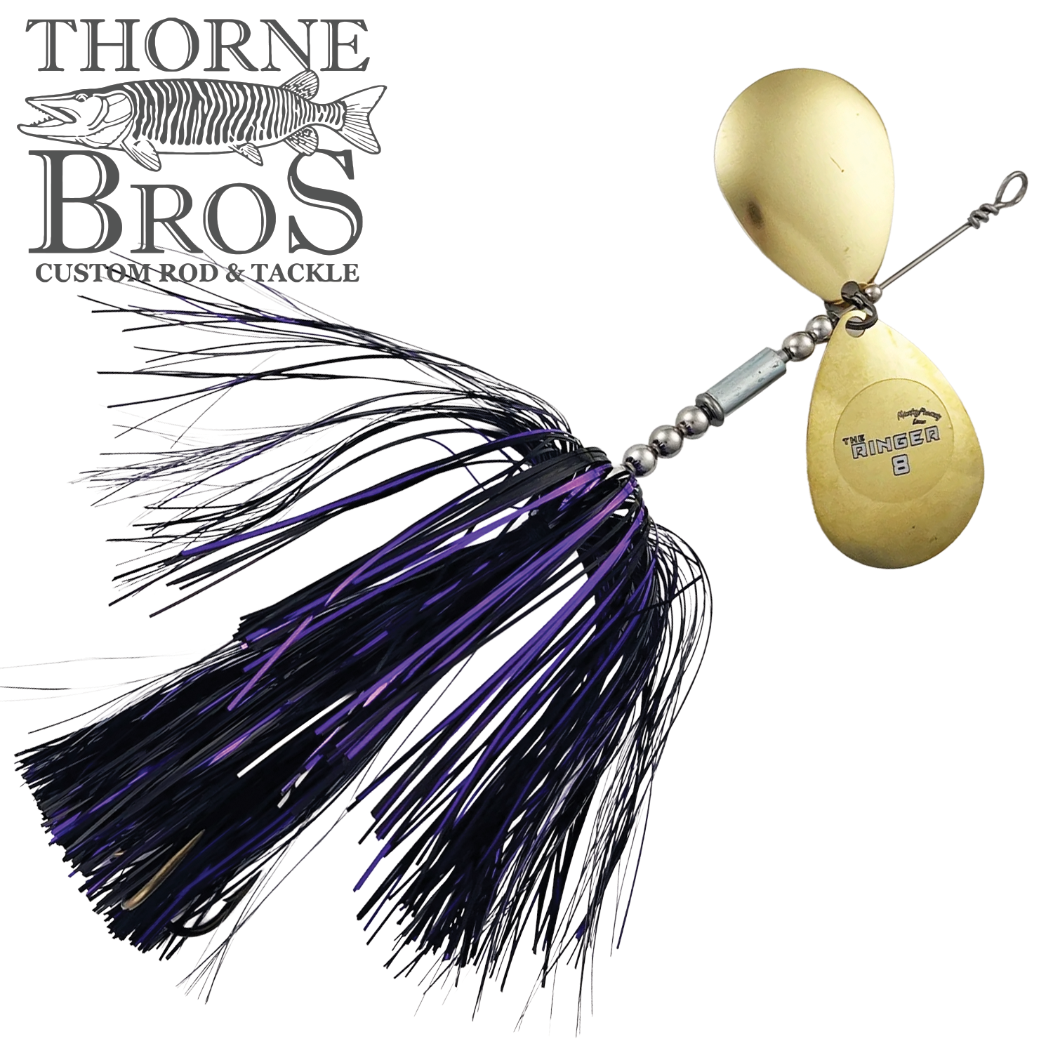Musky Frenzy The Ringer 8 fishing lure with black and purple skirt and two gold spinner blades, designed for musky fishing by Thorne Bros Custom Rod & Tackle.