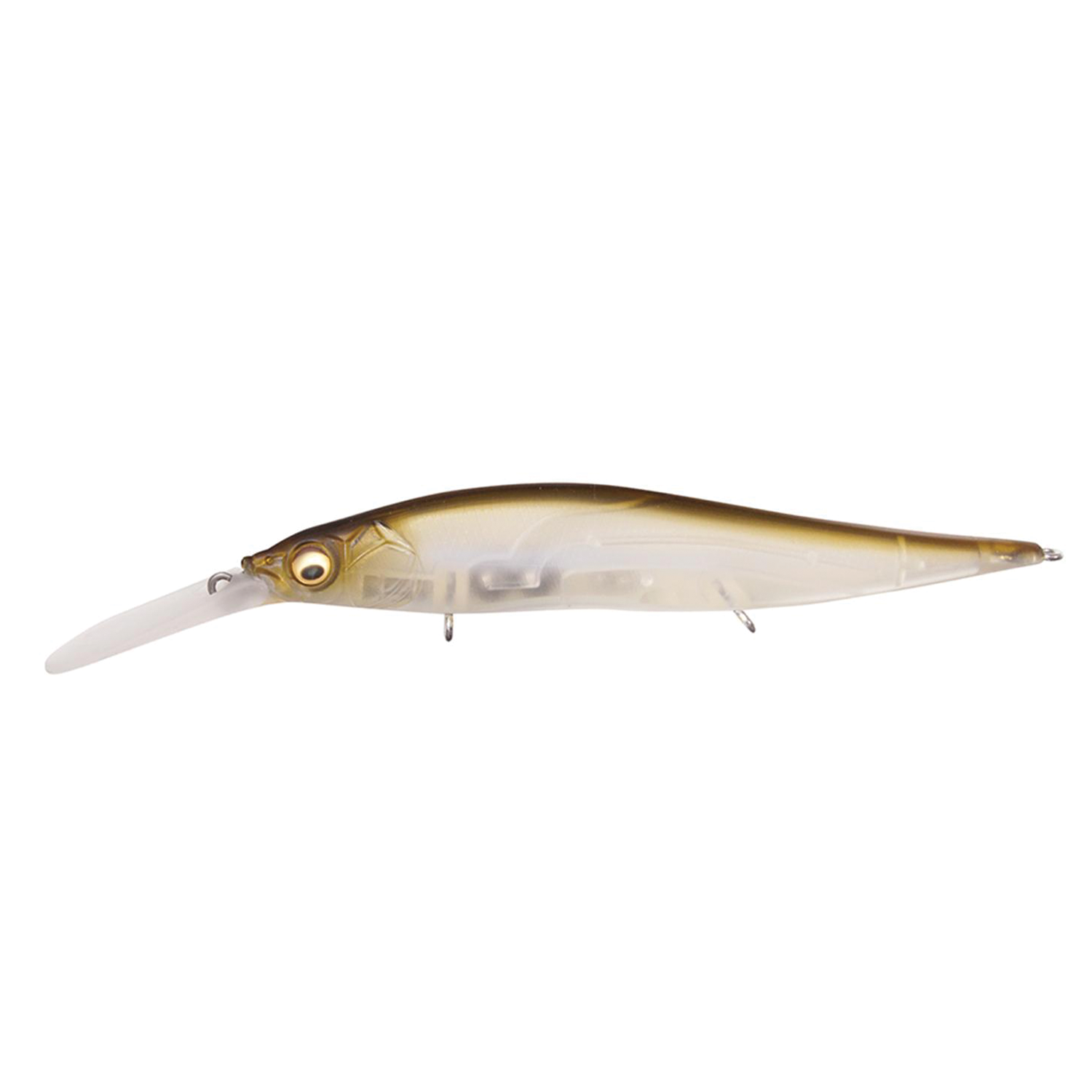 Megabass Vision 110+2 Jr. fishing lure in translucent brown and gold tones with a clear plastic lip designed for lifelike swimming action in freshwater fishing.