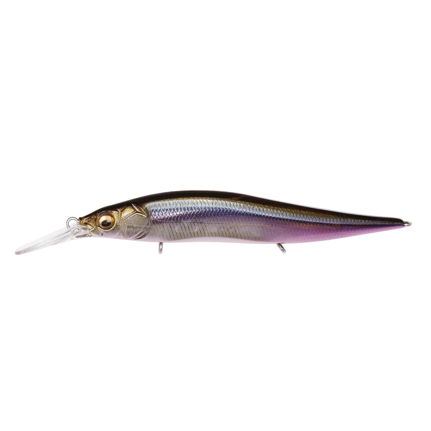 Megabass Vision 110+1 Jr. fishing lure with a slender, detailed body featuring metallic gold, silver, and purple hues, designed for effective fishing tackle use.