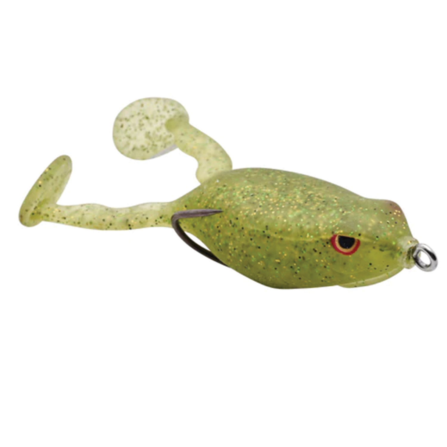 Spro Flappin Frog-65 fishing lure in green with speckled pattern, lifelike eyes, soft body legs, and integrated hook designed for fishing tackle enthusiasts.