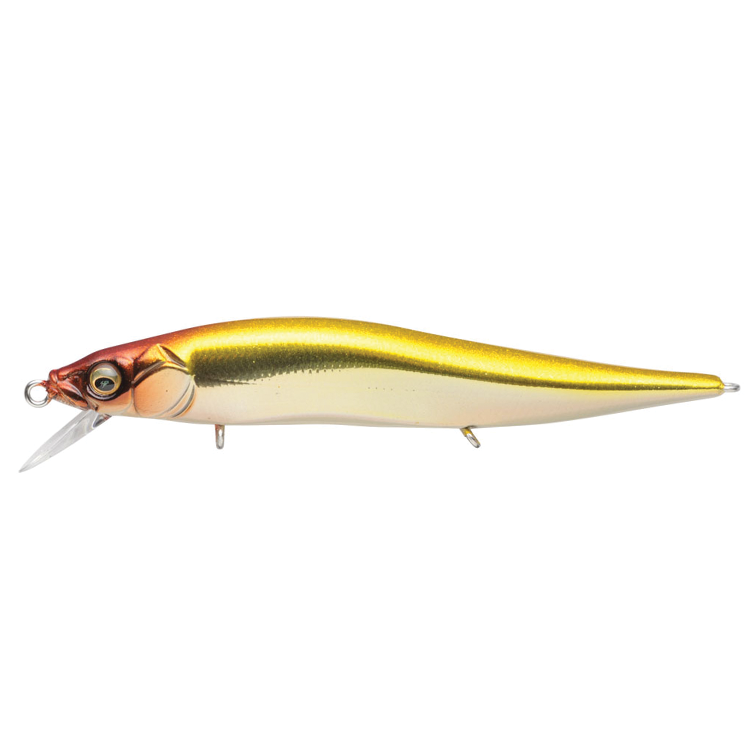Megabass Vision 110 Jr. fishing lure with a streamlined body featuring gold and brown coloring, realistic eyes, and a small diving lip for effective fishing tackle use.