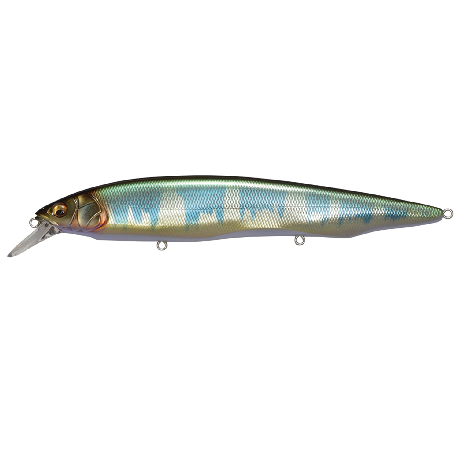 Megabass Kanata fishing lure with a sleek, elongated body featuring a reflective blue and silver finish, detailed eyes, and a clear diving lip designed for realistic movement in the water.