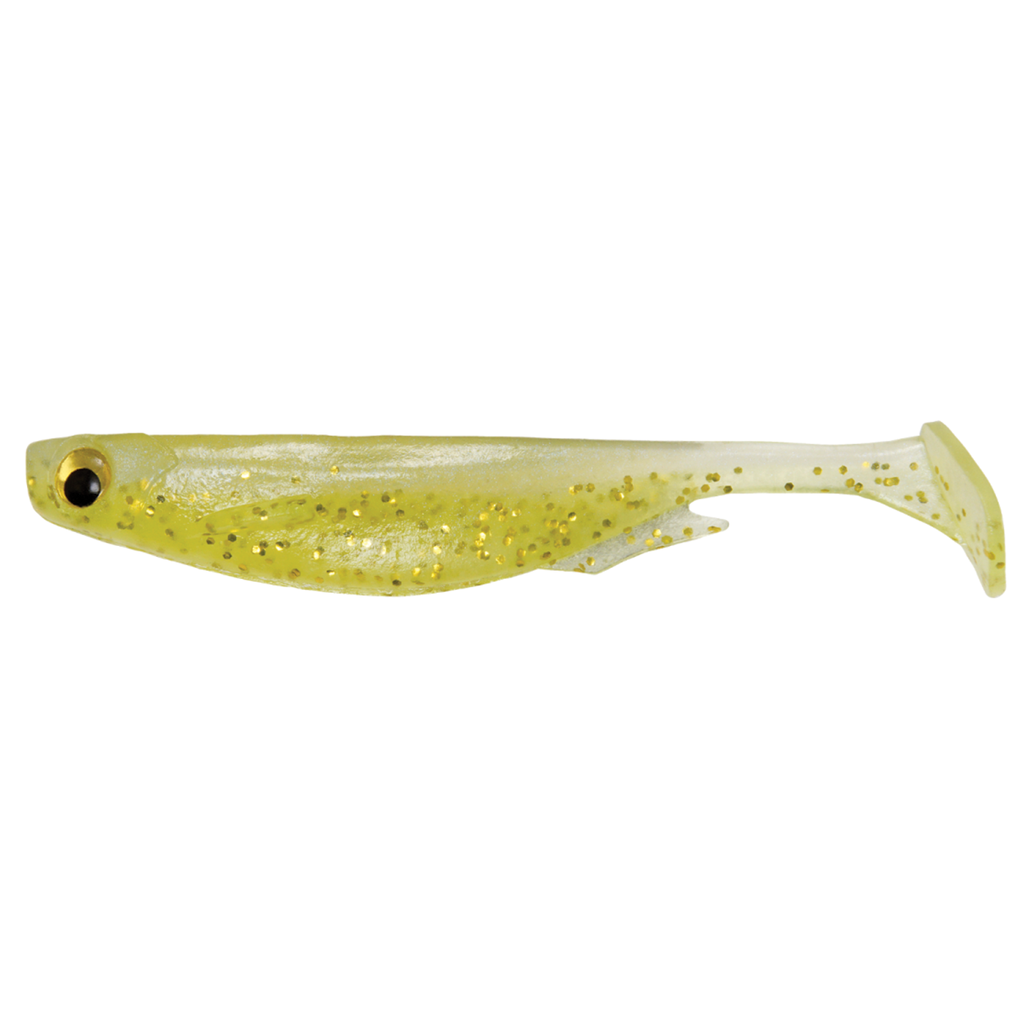 Megabass Spark Shad USA soft plastic fishing lure in translucent yellow with gold glitter, designed for attracting fish with a paddle tail action.