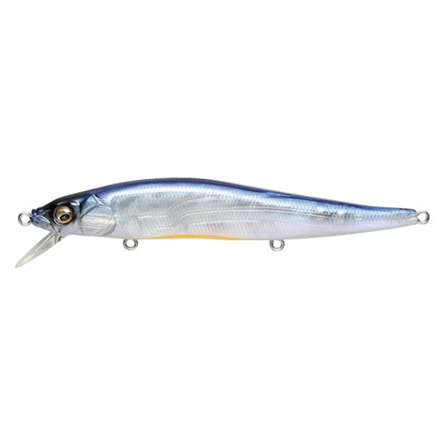 Megabass Vision 110 fishing lure with a sleek, realistic blue and silver fish design, featuring a diving lip and multiple attachment points for fishing tackle.