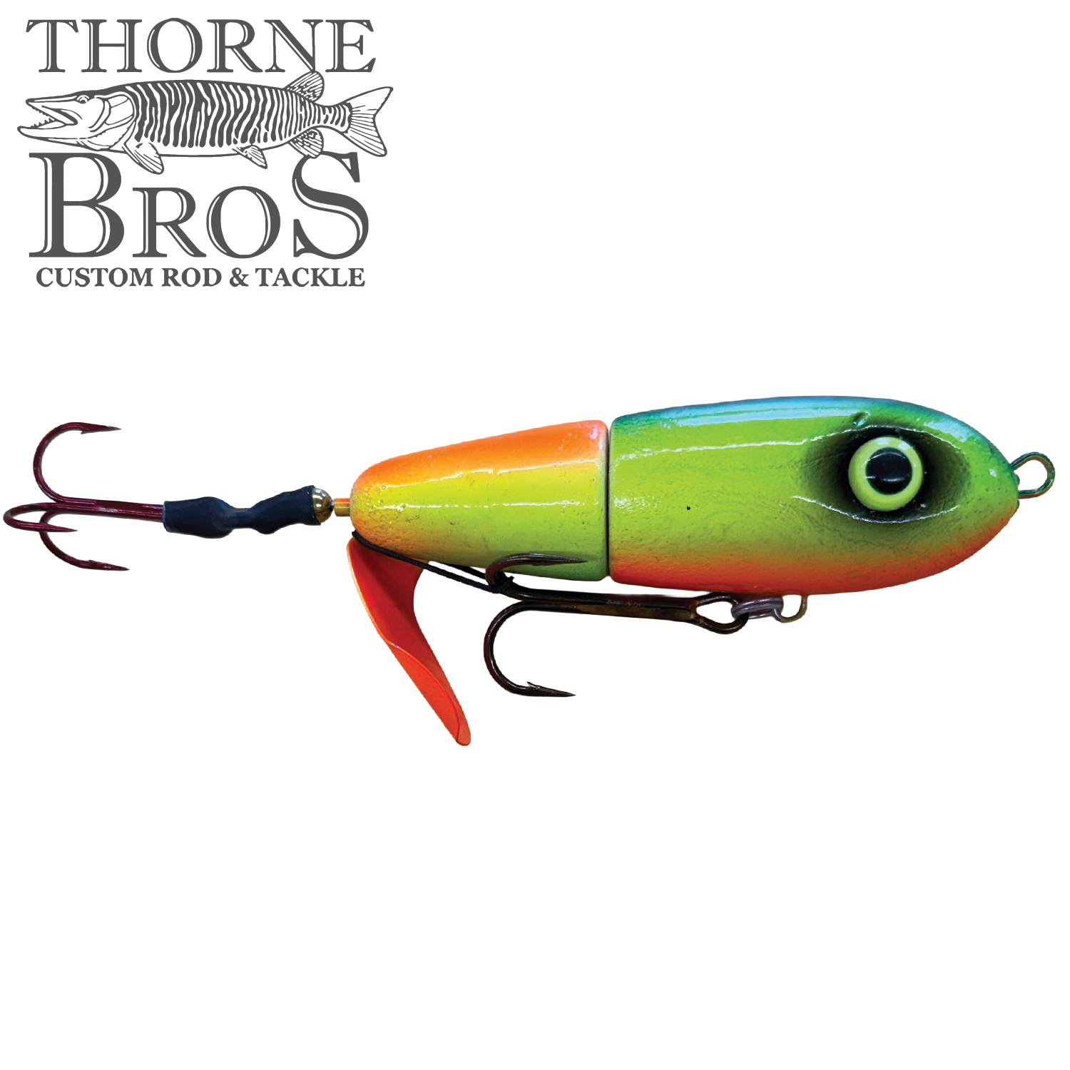 Lake-X Dr. Evil fishing lure in bright green, yellow, and orange with lifelike eye and dual treble hooks, designed for musky fishing in freshwater environments.
