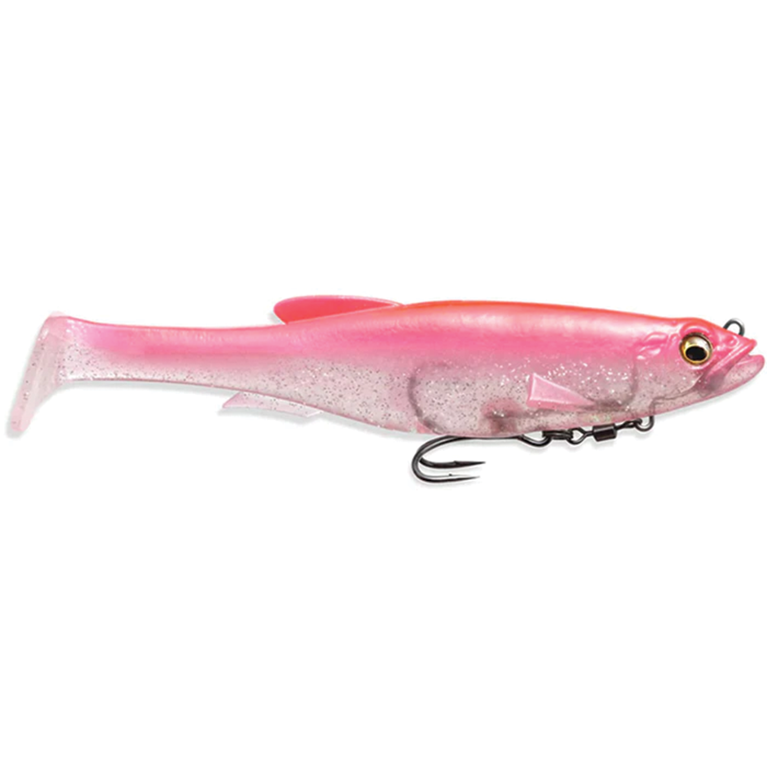 Megabass Magdraft soft fishing lure in translucent pink with glitter, featuring realistic fish details and a sharp treble hook for effective fishing tackle use.