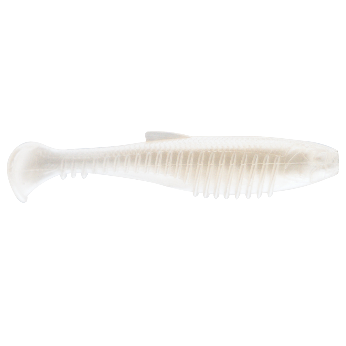 Z-Man Octane Minnowz soft plastic fishing lure in translucent white with ribbed body and paddle tail designed to mimic small baitfish for effective fishing tackle.