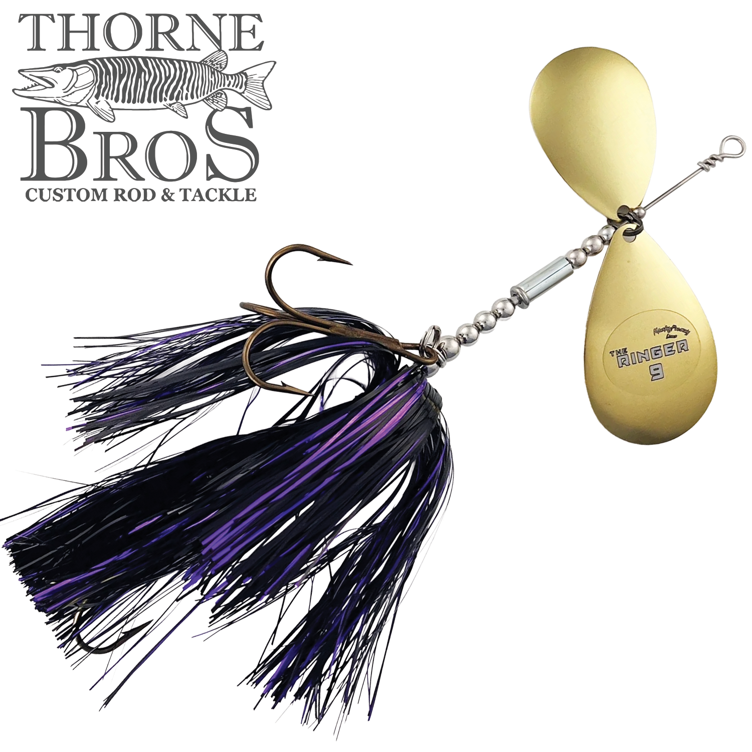 Musky Frenzy The Ringer 9 fishing lure with dual gold-colored blades, a sharp treble hook, and black and purple skirt strands designed for musky fishing.