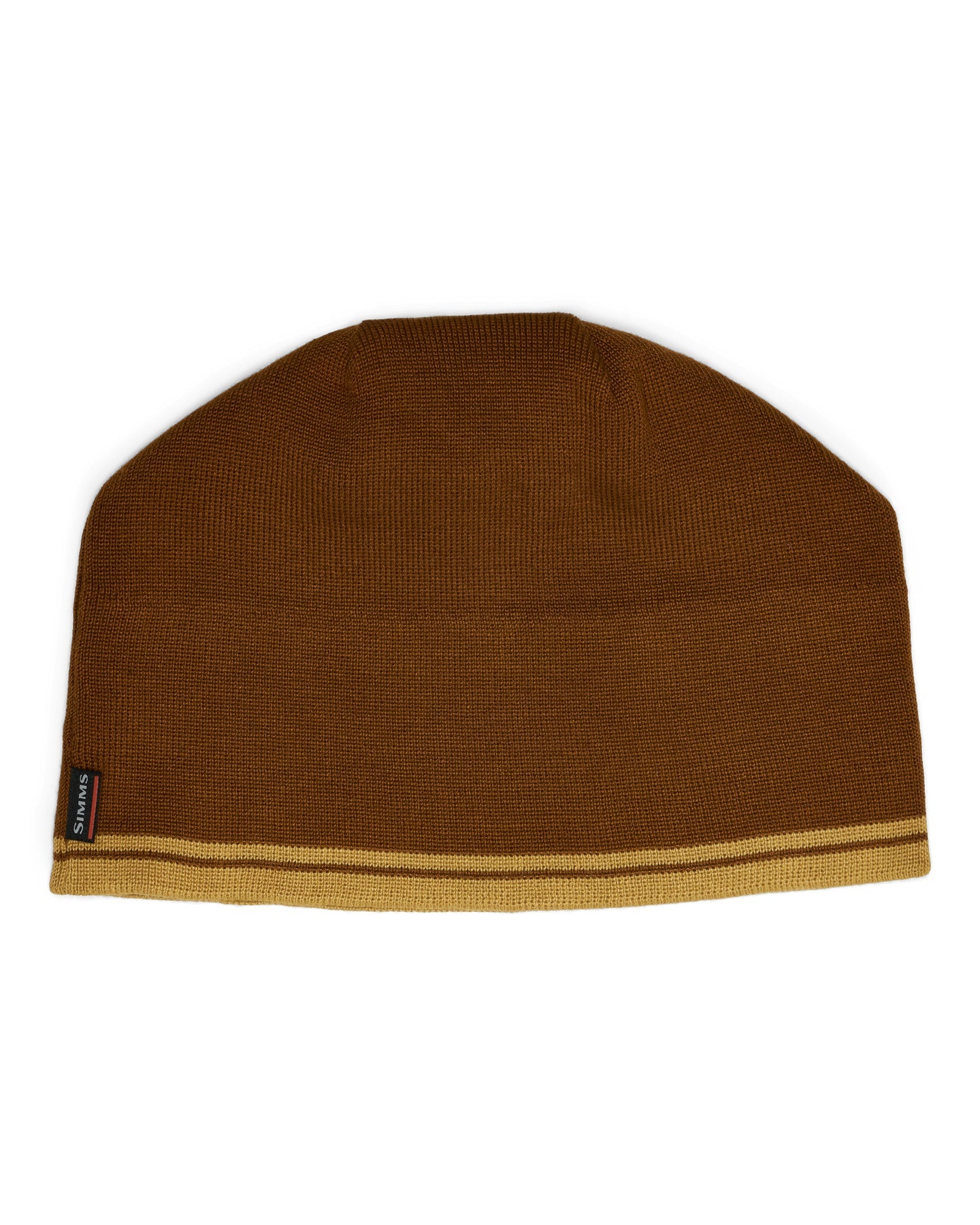 Simms Everyday Beanie in brown knit with a tan ribbed edge and small side tag shown against a white background