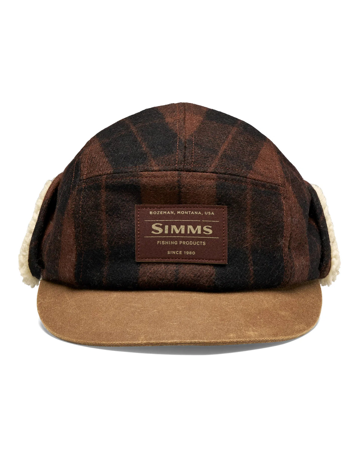 Simms Coldweather Cap in brown plaid with warm ear flaps and a tan brim designed for comfortable outdoor fishing and cold weather wear