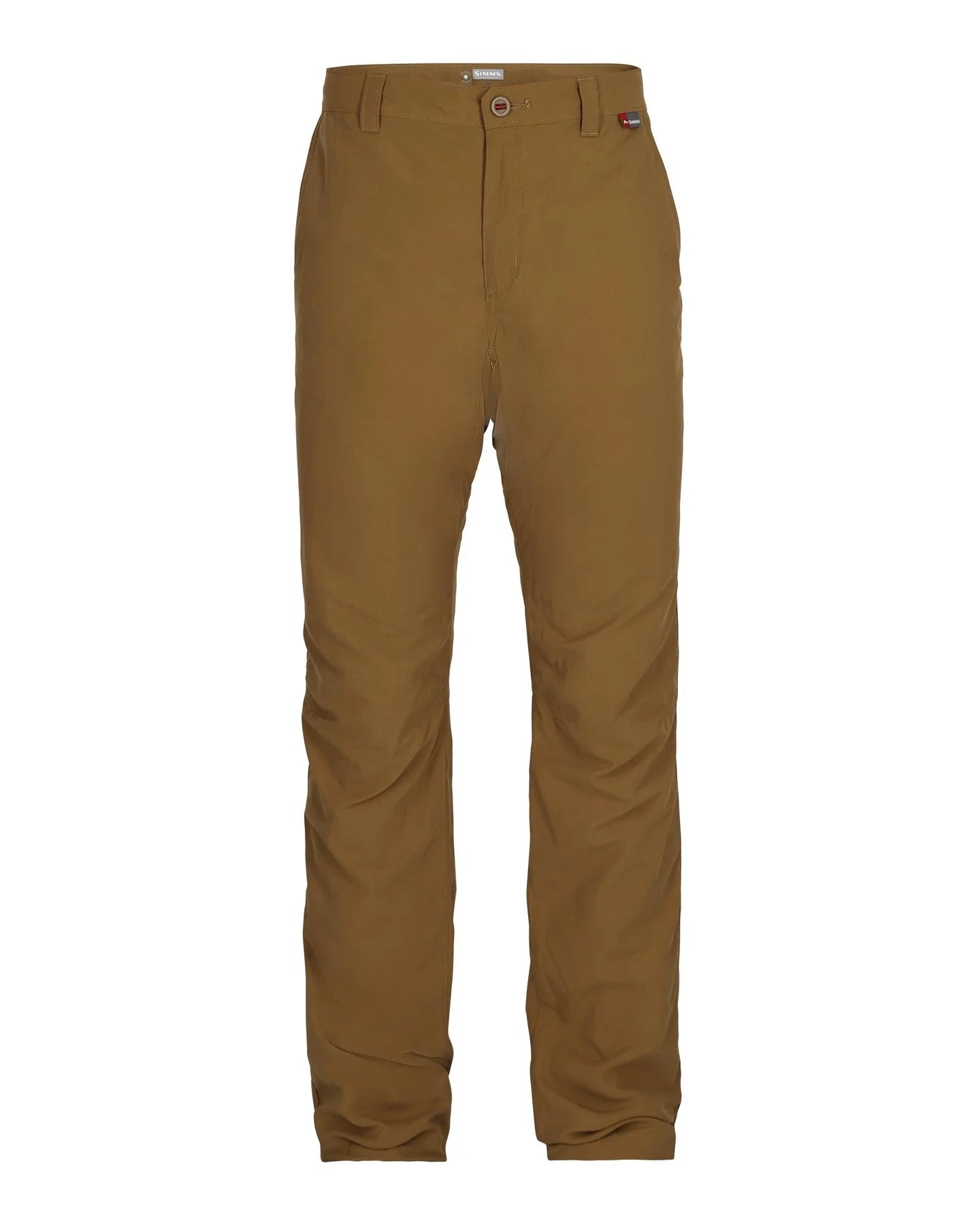 Simms Bugstopper Superlight Pants in brown color, featuring a slim fit with button closure and belt loops, designed for comfort and durability in fishing and outdoor activities.