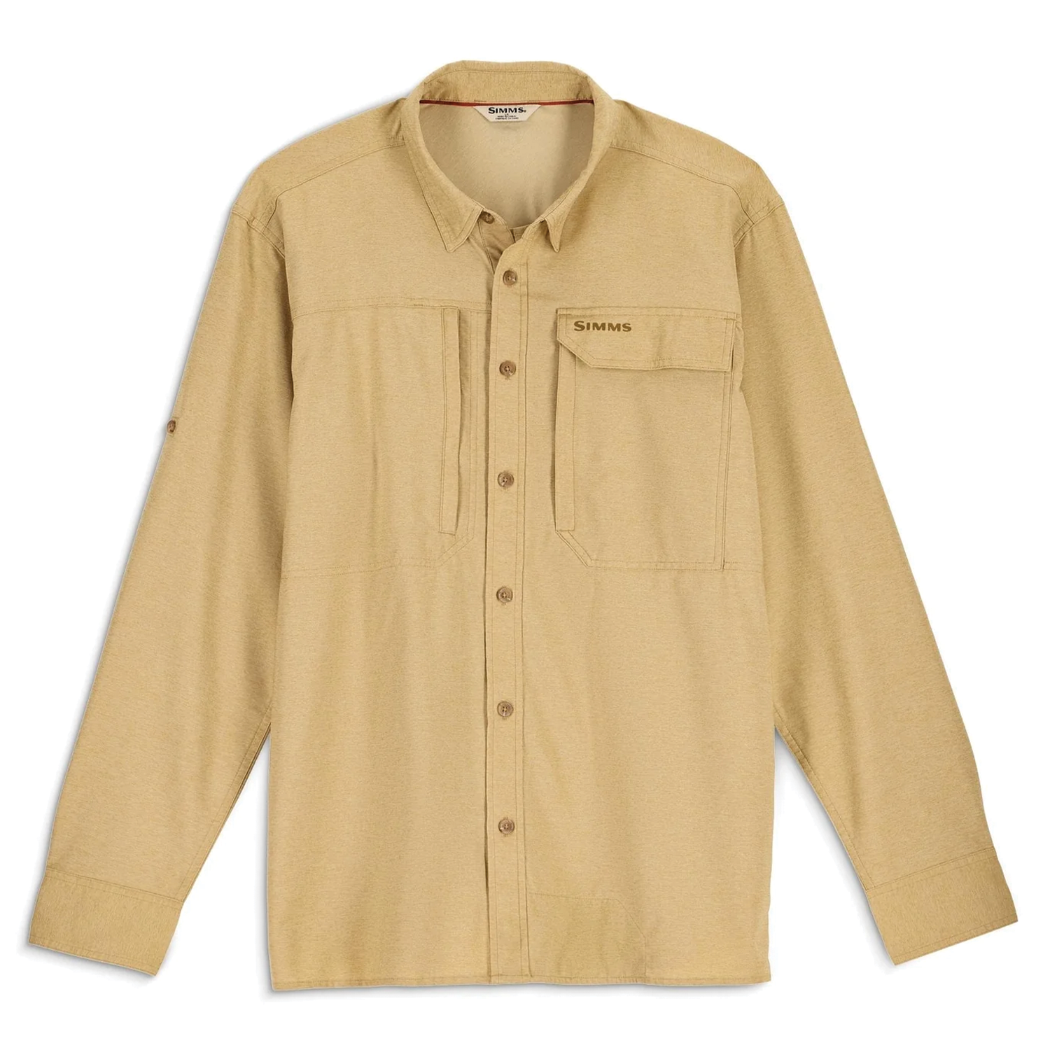 Simms Guide BugStopper LS Shirt - Men's in tan color, long-sleeve with button front, chest pockets, and lightweight breathable fabric for fishing and outdoor activities.