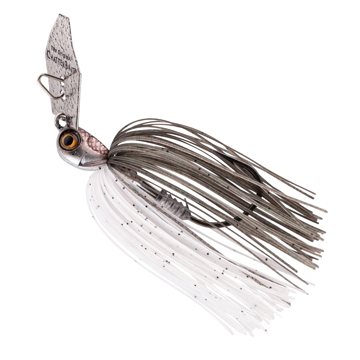 Z-Man Chatterbait Elite Evo HD fishing lure with silver and white skirt, detailed fish-eye design, and a sharp hook for effective fishing tackle use.