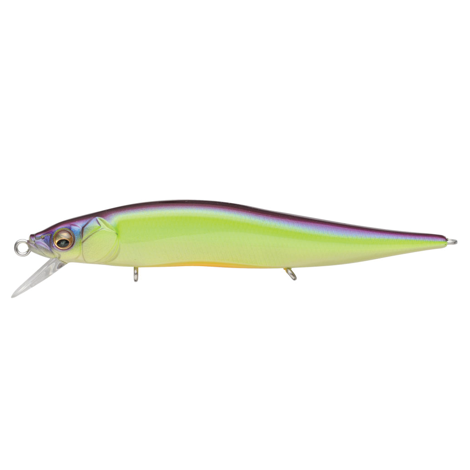 Megabass Vision 110 Jr. fishing lure with a sleek profile, iridescent purple and yellow-green body, and realistic eye design, ideal for fishing tackle enthusiasts.