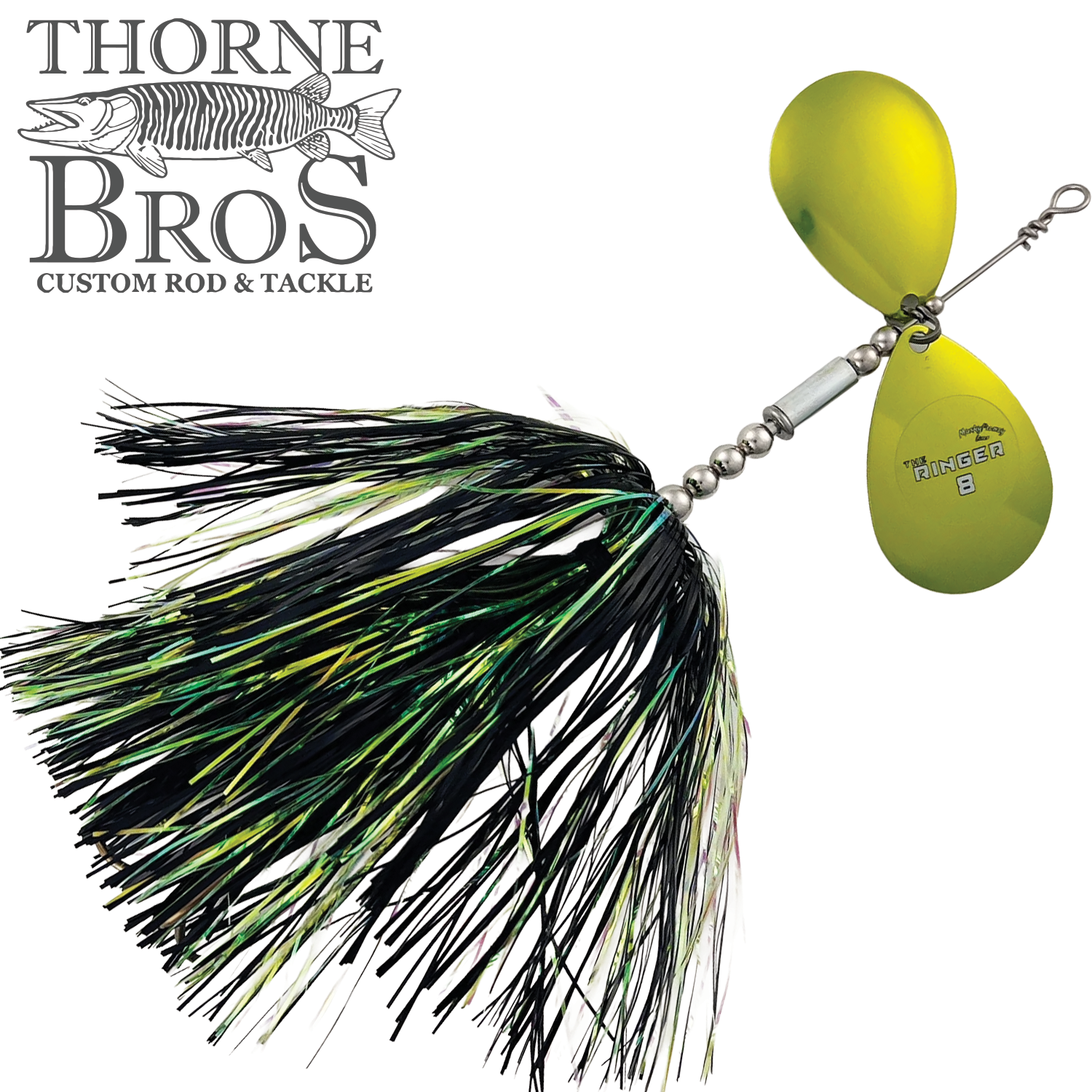 Musky Frenzy The Ringer 8 fishing lure with bright yellow metal blades and black, green, and yellow skirt designed for attracting musky and other large fish.