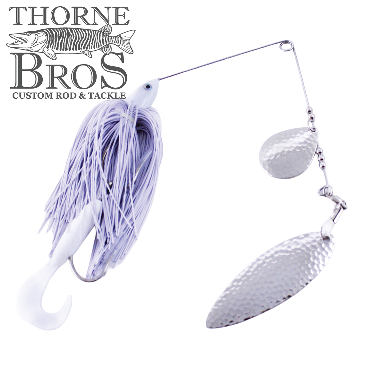 Ace Baits Original Spinnerbait white and purple musky fishing lure with twin silver blades and a soft plastic trailer for fishing tackle