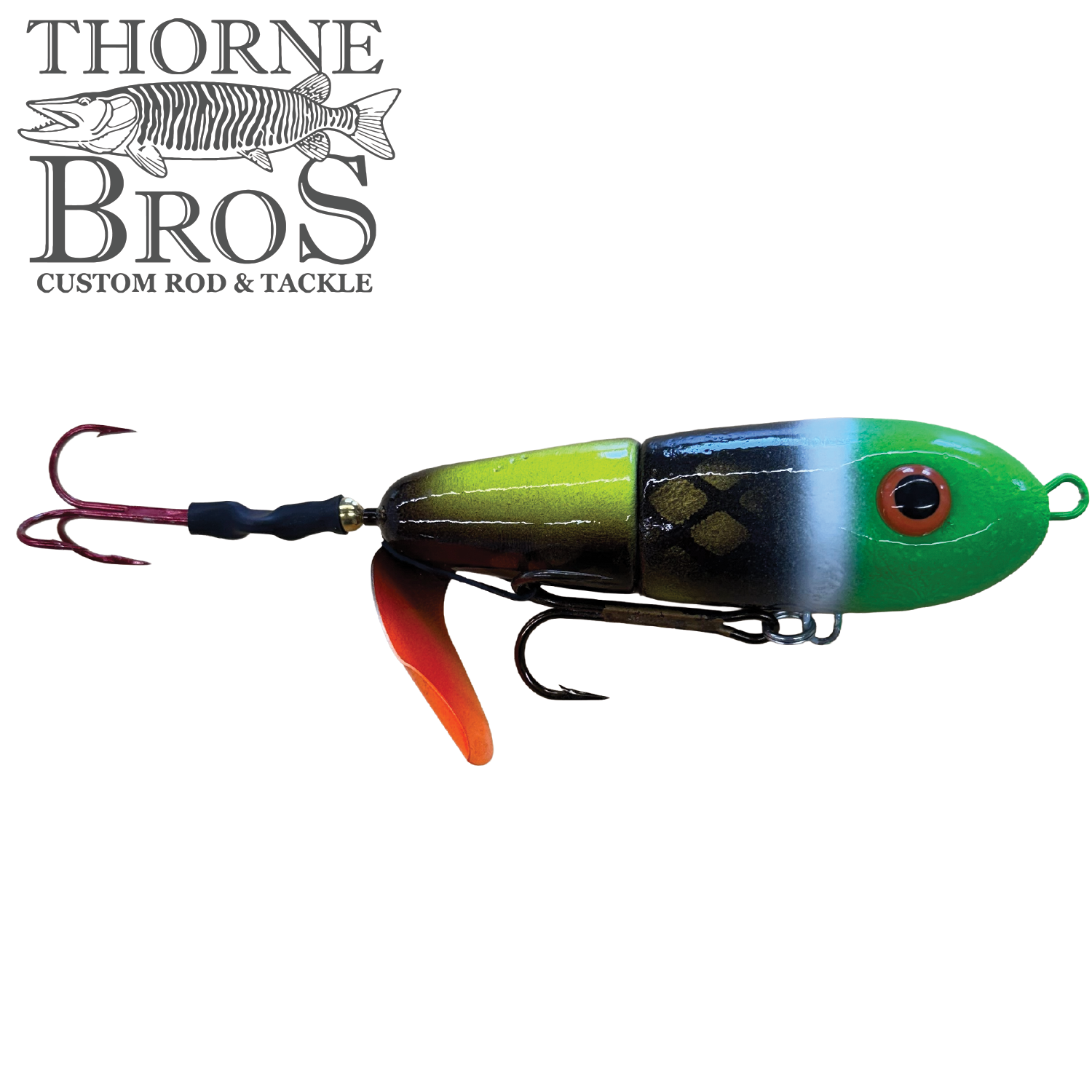 Lake-X Dr. Evil fishing lure with green, yellow, and black segmented body, red and black treble hooks, and a red fin, designed for musky fishing.