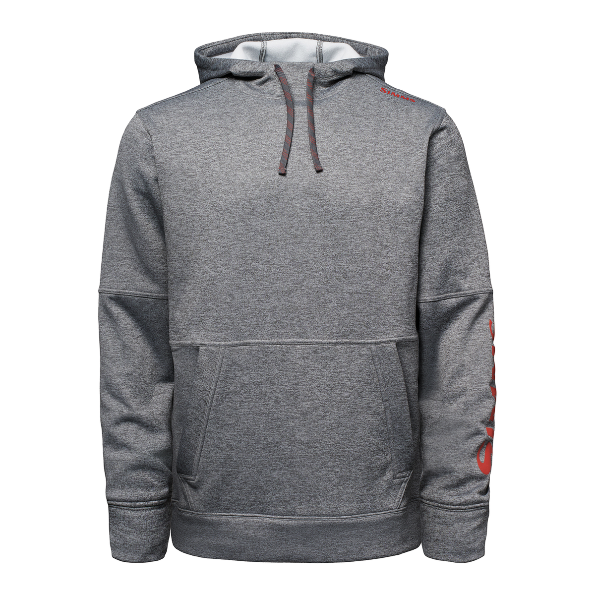 Simms Challenger Hoody - Men's (New 2027) gray pullover hoodie with drawstring hood kangaroo pocket ribbed cuffs and red sleeve branding